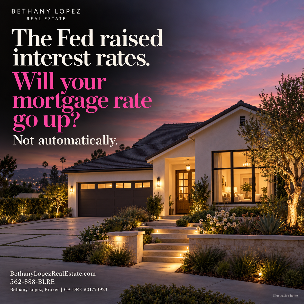 Illustrative California home at sunset. The Fed raised interest rates. Will your mortgage rate go up? Not automatically.